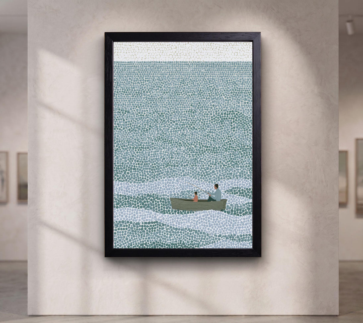 Father and Son Fishing Canvas Wall Art, Pointillism Ocean Painting