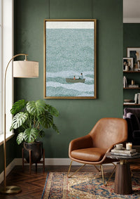 Father and Son Fishing Canvas Wall Art, Pointillism Ocean Painting