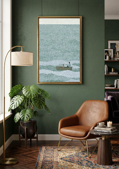 Father and Son Fishing Canvas Wall Art, Pointillism Ocean Painting