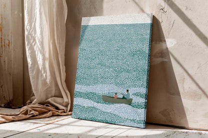 Father and Son Fishing Canvas Wall Art, Pointillism Ocean Painting