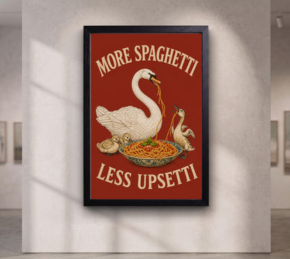 More Spaghetti Less Upsetti Canvas, Funny Duck Family Kitchen Wall Art, Bold Red Pasta Poster, Playful Dining Room Decor
