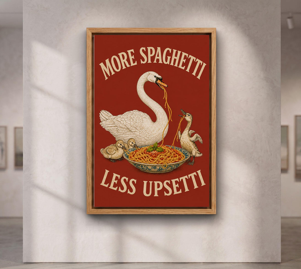 More Spaghetti Less Upsetti Canvas, Funny Duck Family Kitchen Wall Art, Bold Red Pasta Poster, Playful Dining Room Decor