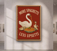 More Spaghetti Less Upsetti Canvas, Funny Duck Family Kitchen Wall Art, Bold Red Pasta Poster, Playful Dining Room Decor