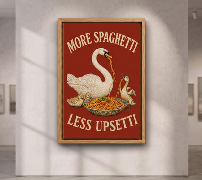 More Spaghetti Less Upsetti Canvas, Funny Duck Family Kitchen Wall Art, Bold Red Pasta Poster, Playful Dining Room Decor