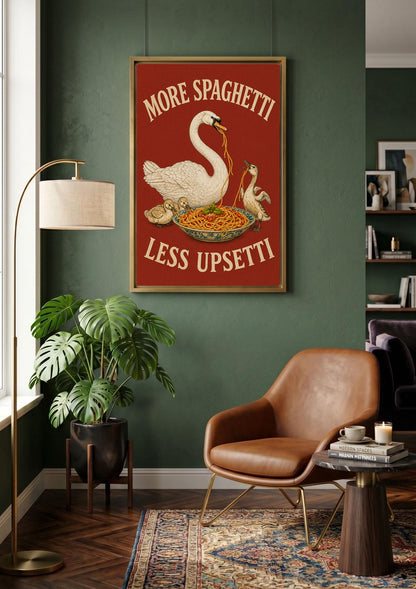 More Spaghetti Less Upsetti Canvas, Funny Duck Family Kitchen Wall Art, Bold Red Pasta Poster, Playful Dining Room Decor