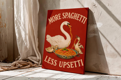 More Spaghetti Less Upsetti Canvas, Funny Duck Family Kitchen Wall Art, Bold Red Pasta Poster, Playful Dining Room Decor
