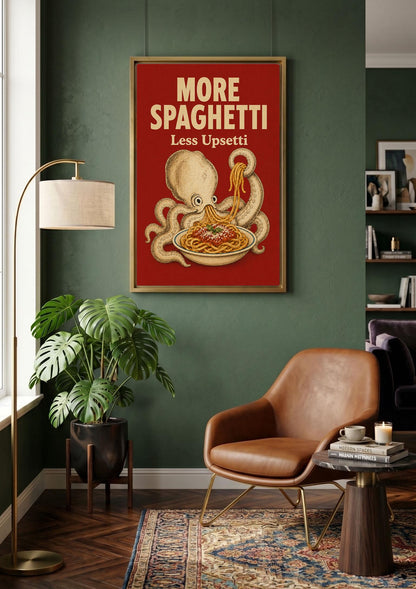 More Spaghetti Less Upsetti Wall Art, Funny Octopus Canvas, Humorous Poster, Italian Food Poster, Pasta Lover Gift