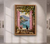 Amalfi Coast Window and Black Cat Canvas