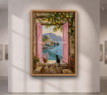 Amalfi Coast Window and Black Cat Canvas