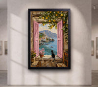 Amalfi Coast Window and Black Cat Canvas
