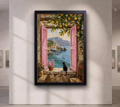 Amalfi Coast Window and Black Cat Canvas