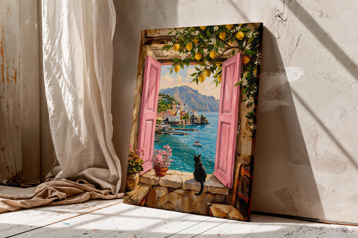 Amalfi Coast Window and Black Cat Canvas
