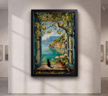 Open Window and Black Cat Canvas, Lemon Tree Art