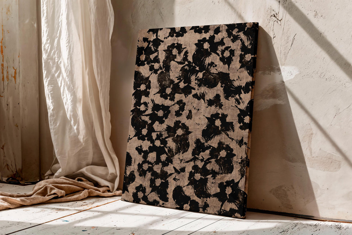 Vintage Black Floral Canvas Wall Art, Neutral Botanical Abstract Print