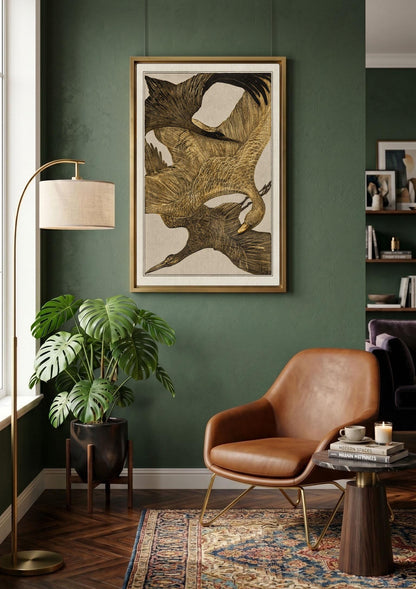 Theo van Hoytema Flying Birds Print, Antique Gold Bird Wall Art, Vintage Dutch Crane Poster