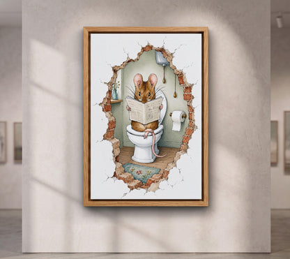Funny Mouse Bathroom Wall Art, Reading Newspaper on Toilet Print, Whimsical Bathroom Decor, Cute Animal Canvas