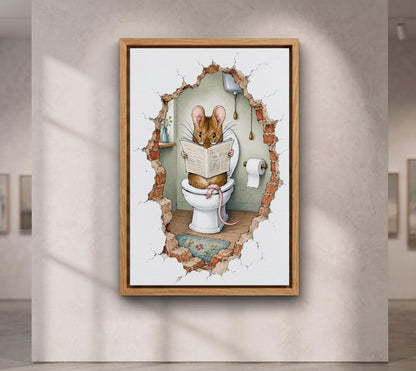 Funny Mouse Bathroom Wall Art, Reading Newspaper on Toilet Print, Whimsical Bathroom Decor, Cute Animal Canvas