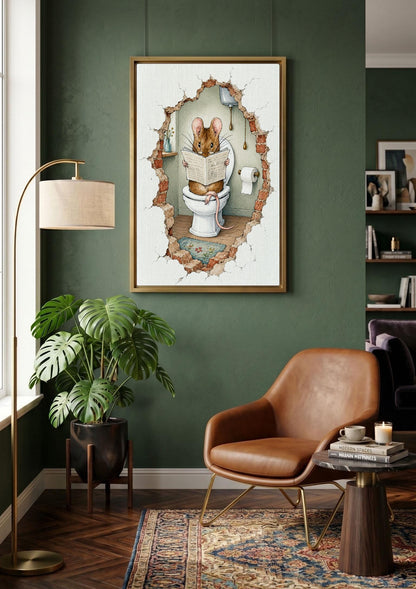 Funny Mouse Bathroom Wall Art, Reading Newspaper on Toilet Print, Whimsical Bathroom Decor, Cute Animal Canvas