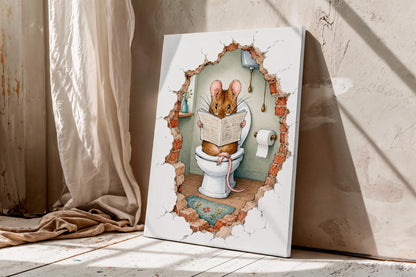 Funny Mouse Bathroom Wall Art, Reading Newspaper on Toilet Print, Whimsical Bathroom Decor, Cute Animal Canvas