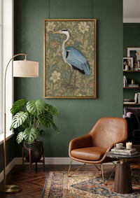 Grey Heron Wall Art, William Morris Botanical Print,