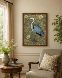 Grey Heron Wall Art, William Morris Botanical Print,