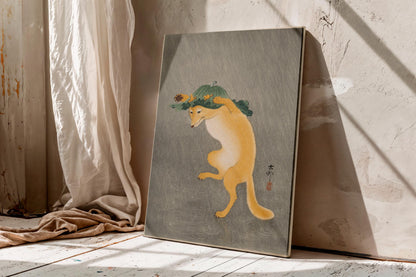 Dancing Fox with Lotus Leaf Hat by Ohara Koson
