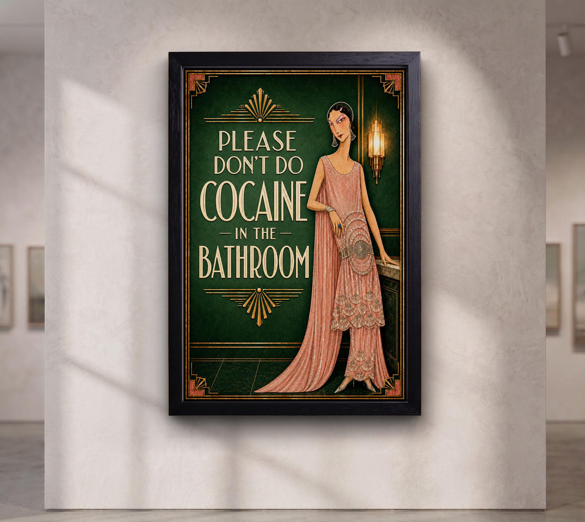 Please Don’t Do Coke in the Bathroom Art Deco Wall Art, Funny Emerald Green Bar and Powder Room Decor, Bar-Pub Wall Deco