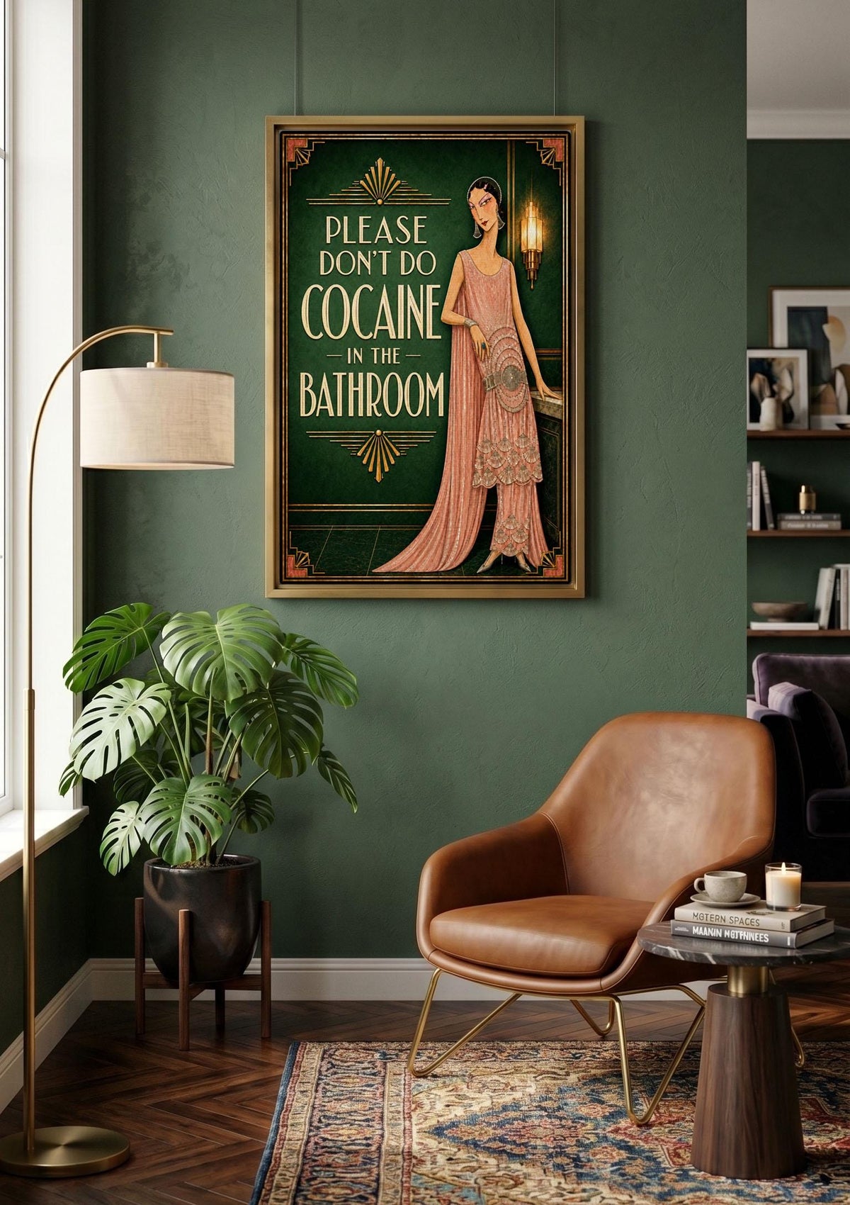 Please Don’t Do Coke in the Bathroom Art Deco Wall Art, Funny Emerald Green Bar and Powder Room Decor, Bar-Pub Wall Deco