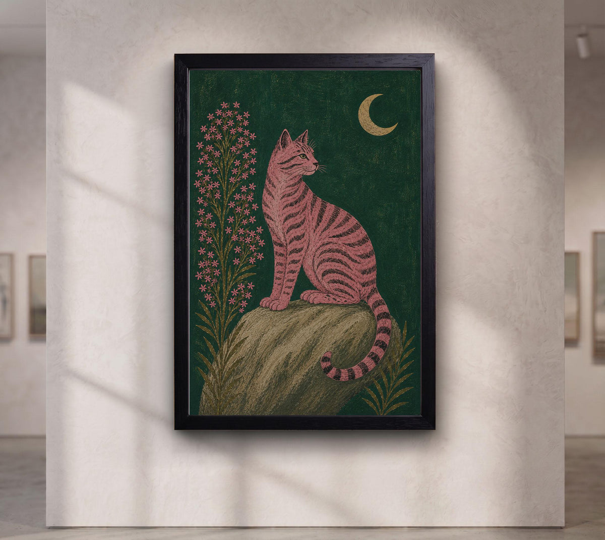 Pink Black Cat Under Crescent Moon