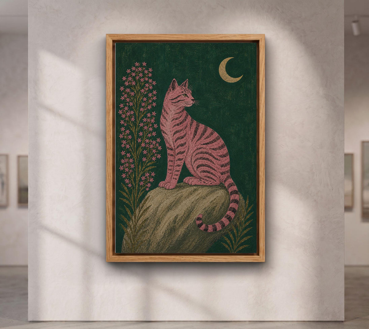 Pink Black Cat Under Crescent Moon