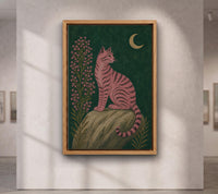 Pink Black Cat Under Crescent Moon