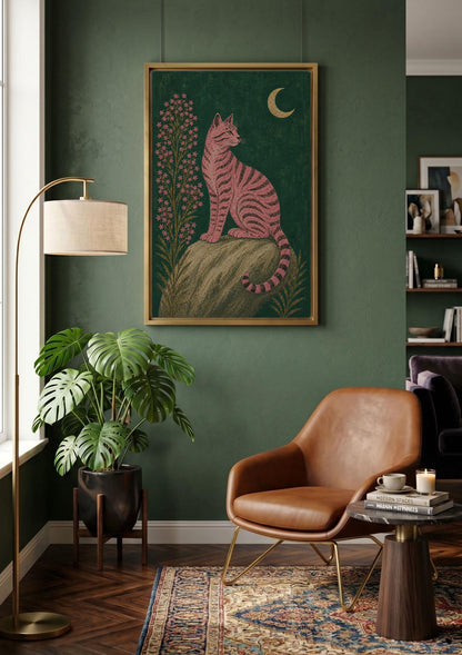 Pink Black Cat Under Crescent Moon