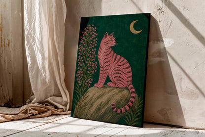 Pink Black Cat Under Crescent Moon