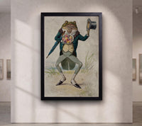 A toad in morning dress, holding an umbrella and a bunch of flowers.