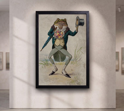 A toad in morning dress, holding an umbrella and a bunch of flowers.