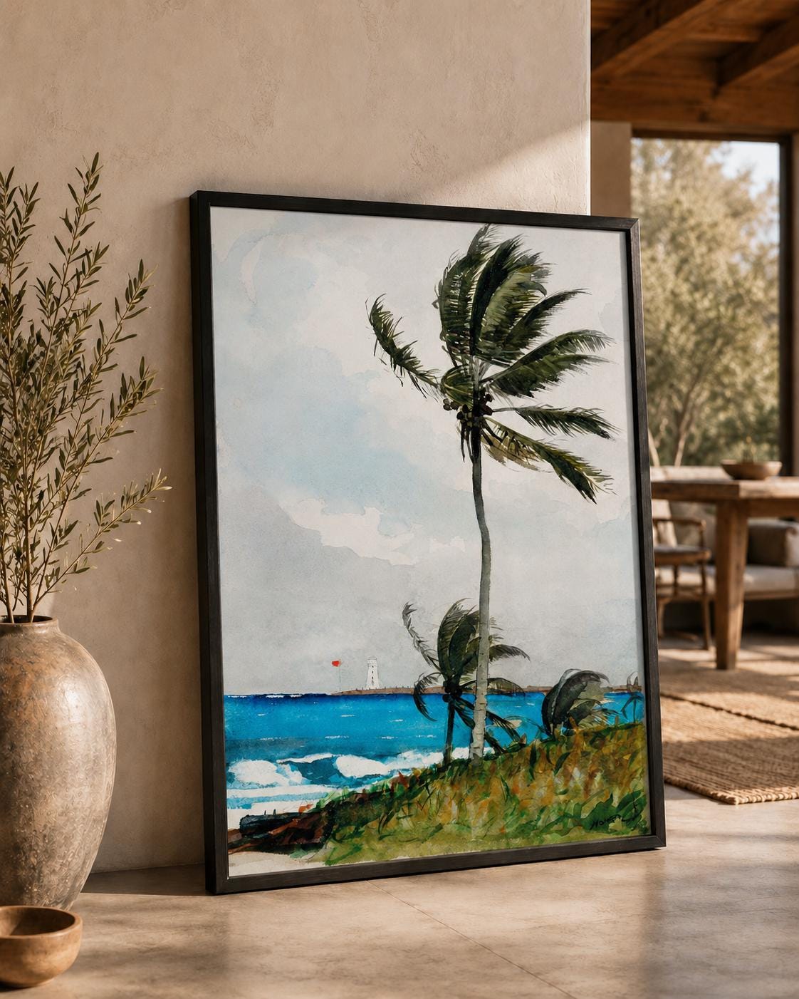 Tropical Palm Tree Watercolor Painting Canvas Wall Art, Coastal Beach House Wall Decor, Ocean Landscape Print, Housewarming Gift