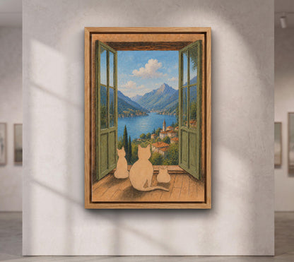 Open Window and Cats Henri Matisse Print, Henri Matisse Style Fauvism Painting, Patio Doors Italy Mediterranean, Lake Como