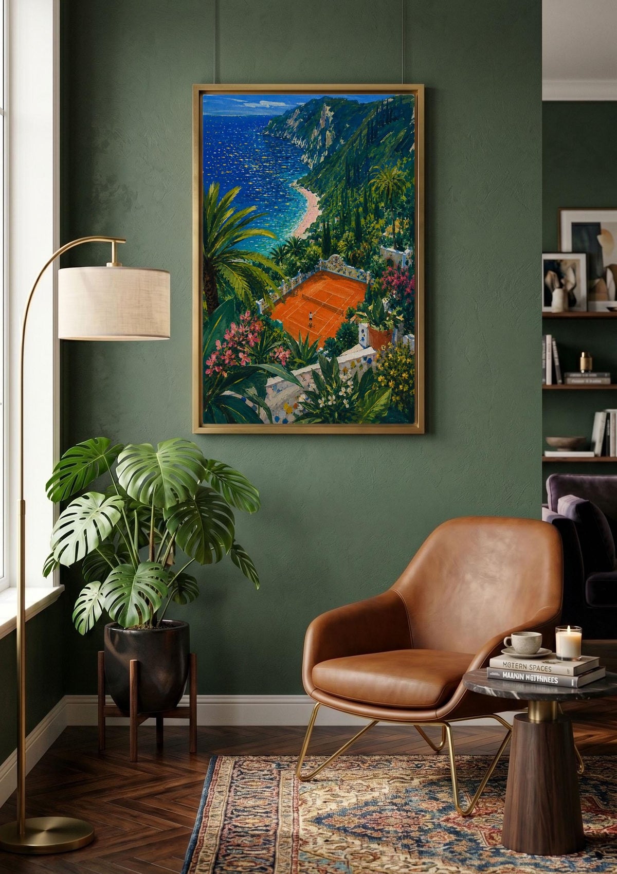 Mediterranean Tennis Court Wall Art, Coastal Landscape Canvas, Colorful Seaside Painting, Amalfi Style Decor