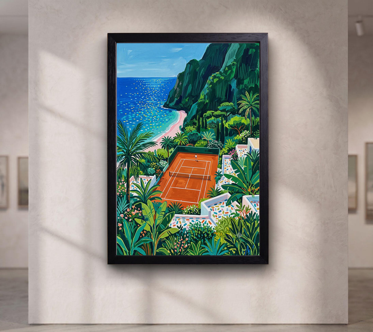 Mediterranean Tennis Court Wall Art, Coastal Landscape Canvas, Colorful Seaside Painting, Amalfi Style Decor