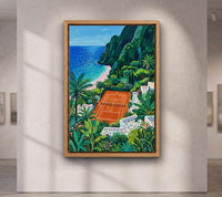 Mediterranean Tennis Court Wall Art, Coastal Landscape Canvas, Colorful Seaside Painting, Amalfi Style Decor