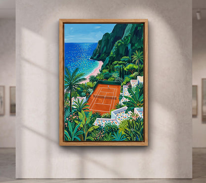 Mediterranean Tennis Court Wall Art, Coastal Landscape Canvas, Colorful Seaside Painting, Amalfi Style Decor