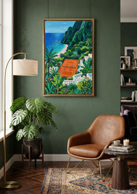 Mediterranean Tennis Court Wall Art, Coastal Landscape Canvas, Colorful Seaside Painting, Amalfi Style Decor