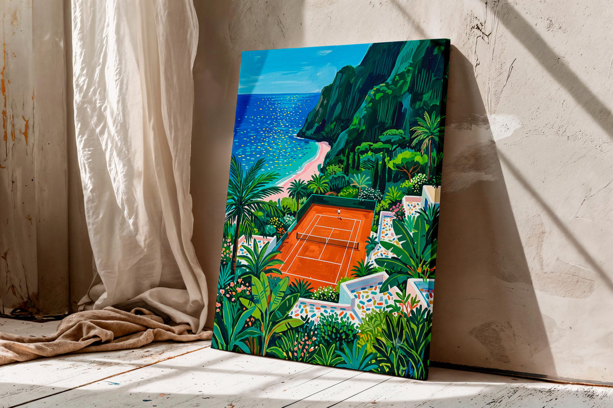 Mediterranean Tennis Court Wall Art, Coastal Landscape Canvas, Colorful Seaside Painting, Amalfi Style Decor
