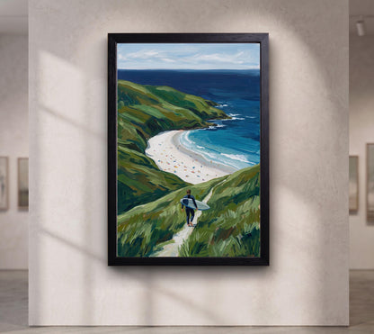 Coastal Surfer Wall Art, Ocean Beach Landscape Canvas Print, Green Cliffs Seaside Decor,Beach Landscape Canvas