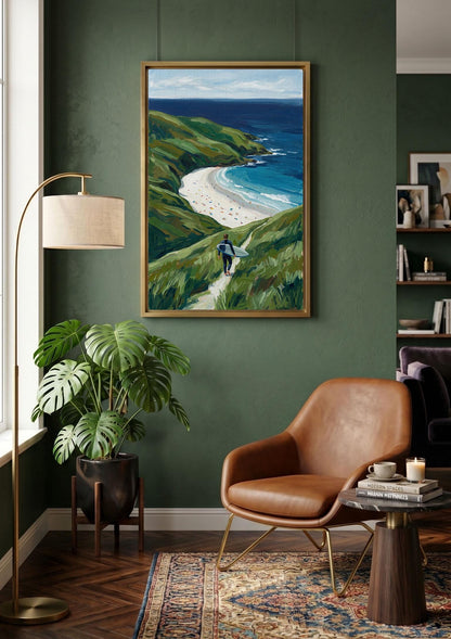 Coastal Surfer Wall Art, Ocean Beach Landscape Canvas Print, Green Cliffs Seaside Decor,Beach Landscape Canvas
