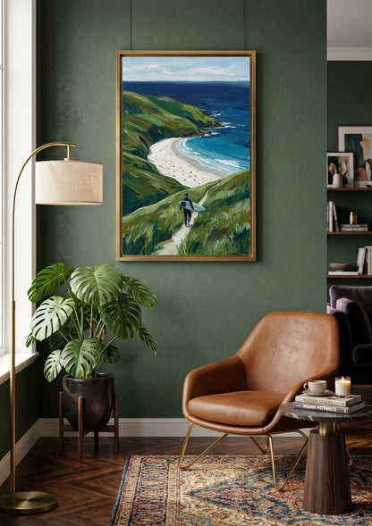 Coastal Surfer Wall Art, Ocean Beach Landscape Canvas Print, Green Cliffs Seaside Decor,Beach Landscape Canvas