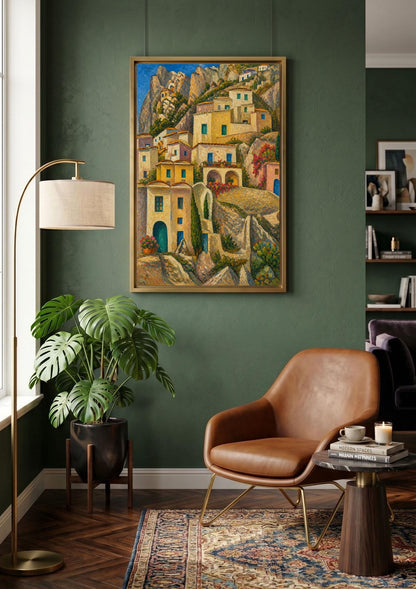 Italian Cliffside Village Print Inspired by Leo Gestel’s Huizen op berghelling (1924),Mediterranean Landscape Print