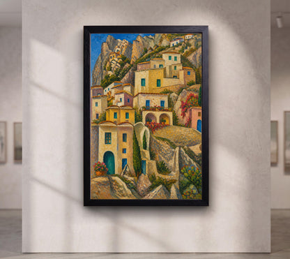 Italian Cliffside Village Print Inspired by Leo Gestel’s Huizen op berghelling (1924),Mediterranean Landscape Print