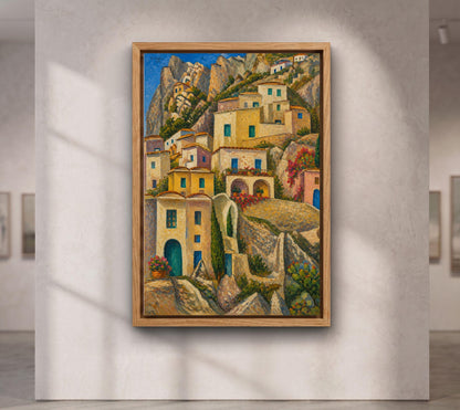 Italian Cliffside Village Print Inspired by Leo Gestel’s Huizen op berghelling (1924),Mediterranean Landscape Print