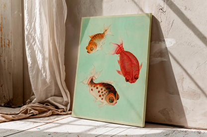 Vintage Goldfish Poster Print, Antique Chinese Dragon Eye Fish Wall Art, Japanese Aesthetic Marine Life Painting